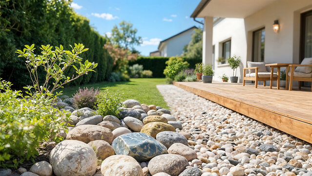 Aménagement d'un jardin avec galets et graviers autour de la terrasse en bois, design extérieur, aménagement paysager	