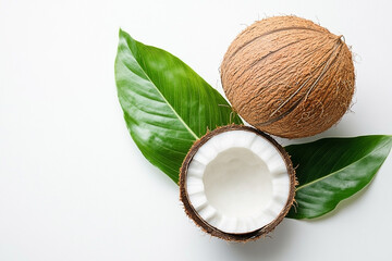 Exotic Coconuts: Whole, Halved, and Fresh Green Leaf on Bright White Background, Tropical Still Life