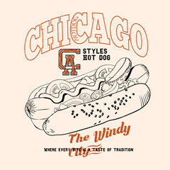Hotdog design for t shirt. hand drawing food artwork. Chicago college text print. Crispy and delicious fast food artwork. Hand drawn lettering for design t shirt.