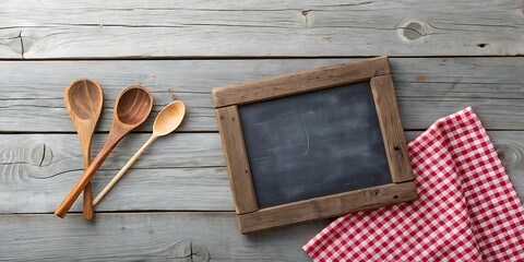 Wooden table with chalkboard and utensils for cooking or recipe presentation