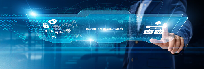 Businessman touching algorithm development on digital screen, data structure design, computational models, optimization processes, problem-solving logic, digital transformation strategies.