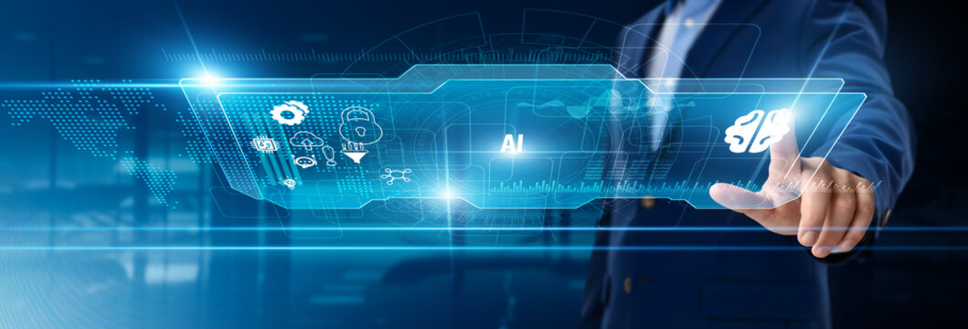 Businessman touching AI on digital screen, machine learning innovation, natural language processing, predictive analytics, intelligent automation, robotics integration, data-driven decision making