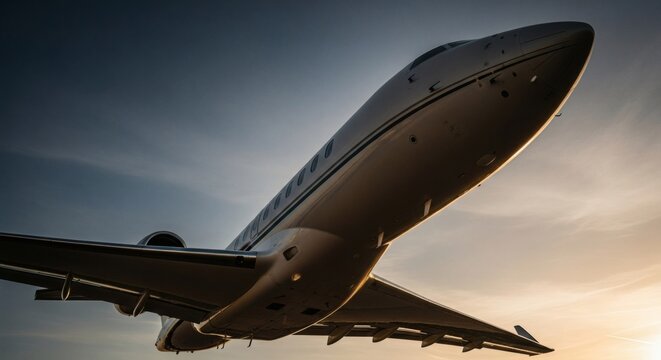 A sleek, modern private jet ascends into a dramatic sky, showcasing its aerodynamic design and powerful engines against the setting sun.