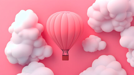 Pink hot air balloon floats among fluffy white clouds on a pink background.