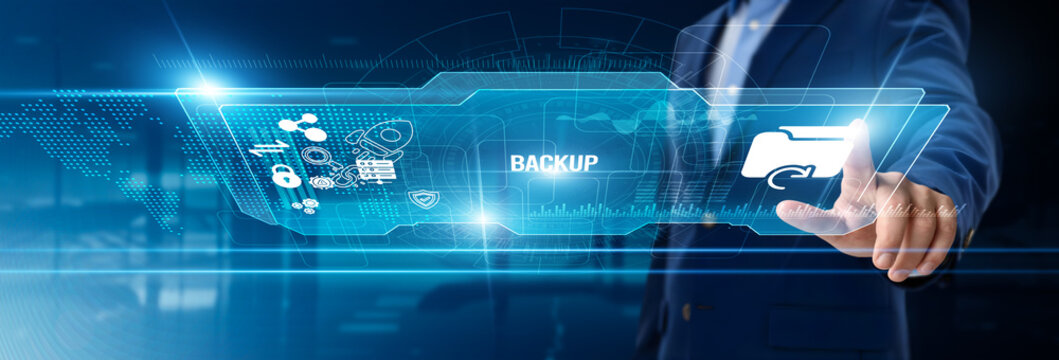 Businessman touching backup on digital screen, cloud storage, data recovery, secure file protection, disaster management, digital archiving, IT infrastructure safety, business continuity planning