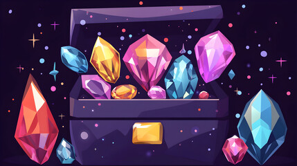 A treasure chest overflowing with colorful gems against a dark starry background.
