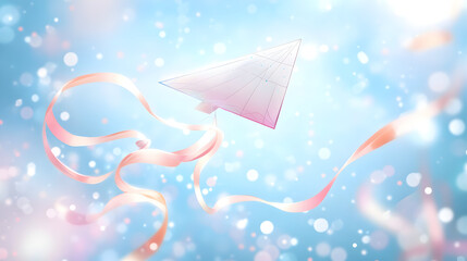 A paper airplane floats in a bright blue sky with ribbons and bokeh.
