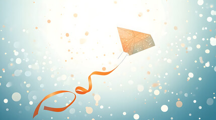 A kite flies in a bright sky with a ribbon and scattered white dots.