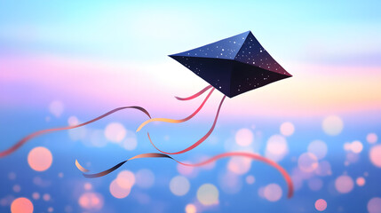 A geometric kite floats in a blurred sky with bokeh lights.