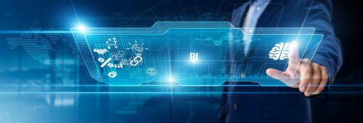 Businessman touching BI on digital screen, business intelligence dashboards, data visualization, KPI tracking, performance analytics, strategic reporting, decision-making insights, predictive analysis