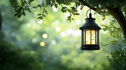 A lantern hangs from a tree branch with a blurred green forest background.