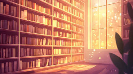 A sunlit library interior with bookshelves and a window displaying light and foliage.