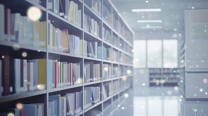 Rows of books fill shelves in a library with a bright window in the background.