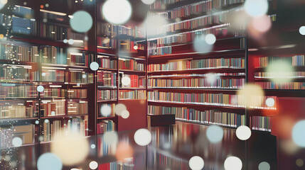 Interior library shelves filled with books and a bokeh effect.