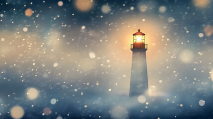 A lighthouse shines brightly amidst a snowy night scene.