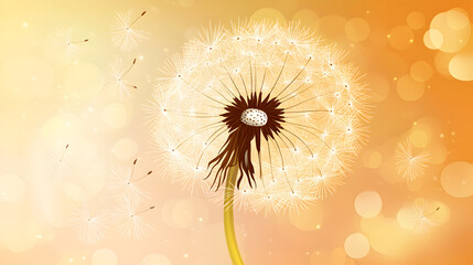 A dandelion seed head against a soft orange and yellow blurred background.
