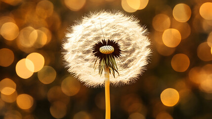 Close-up of a dandelion seed head with blurred golden background bokeh lights.