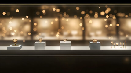 Jewelry displayed inside a glass case with soft lighting and a blurred background.