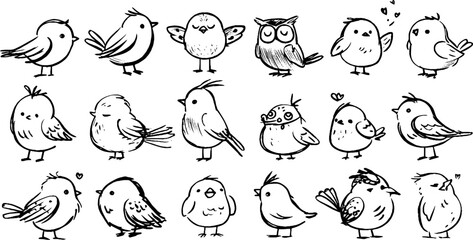 Obraz premium Playful doodle set of sparrows, owls, and parrots for creative designs