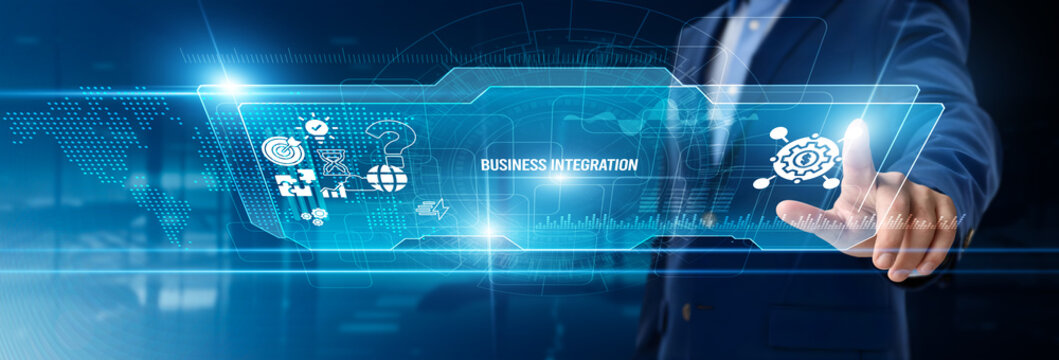Businessman touching business integration on digital screen, system unification, software interoperability, process consolidation, enterprise solutions, workflow harmonization, digital transformation