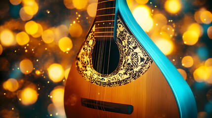 A stringed musical instrument with a blue ribbon against a blurred golden background.