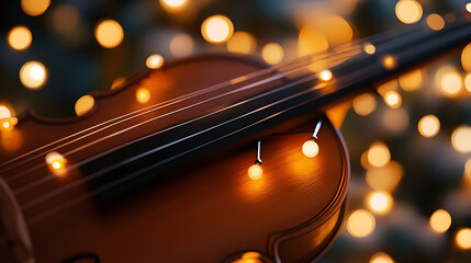 A violin with strings is illuminated by soft golden bokeh lights.