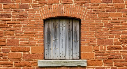 Rustic wooden shutters on a textured red brick wall with stone archway