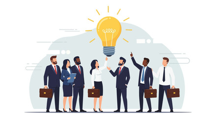 Business Team Discussing Idea Under Glowing Light Bulb Symbol