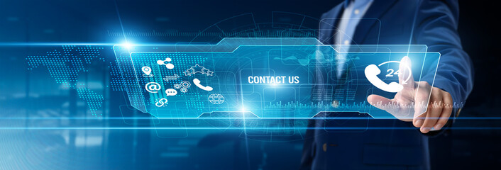 Businessman touching contact us on digital screen, customer support, inquiry management, client communication, digital interaction, feedback collection, service request, relationship building