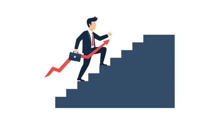 Businessman Climbing Stairs With Rising Arrow For Financial Success