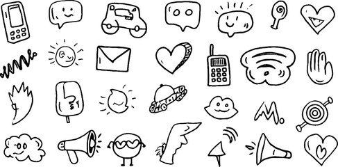 Fototapeta premium Playful communication doodle set featuring phones, envelopes, and fun icons for creative design