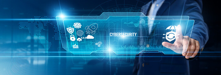 Businessman touching cybersecurity on digital screen, threat protection, data encryption, network defense, risk assessment, system monitoring, secure authentication, enterprise security management