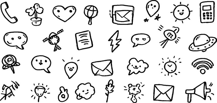 Whimsical doodle set of communication icons featuring phone, email, and symbolic elements