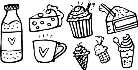 Hand drawn doodle set of dairy products and desserts for creative design projects