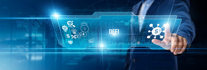 Businessman touching DeFi on digital screen, blockchain finance, decentralized applications, smart contracts, crypto trading, peer-to-peer transactions, digital asset management