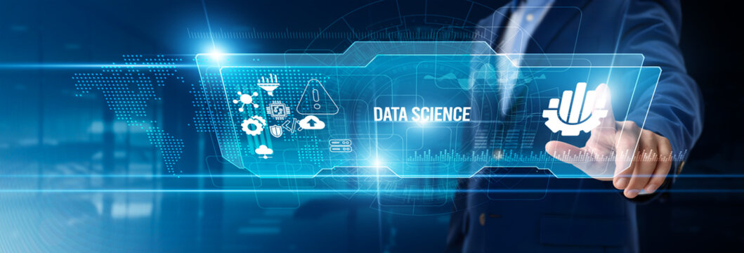 Businessman touching data science on digital screen, predictive analytics, data visualization, machine learning models, statistical modeling, insights generation, big data management, AI integration