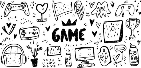 Esports icon doodle set featuring gamepad, mouse, and gaming elements for creative design