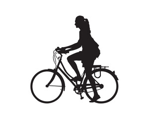 Silhouette of a young woman riding a city bicycle, wearing casual clothes and enjoying a leisure ride, isolated on white background — concept of urban lifestyle, freedom, eco transport, and simplicity