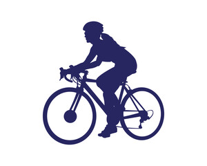 Silhouette of a female cyclist riding a road bike, wearing a helmet and athletic gear, isolated on white background — symbol of fitness, speed, endurance, and outdoor sports activity.