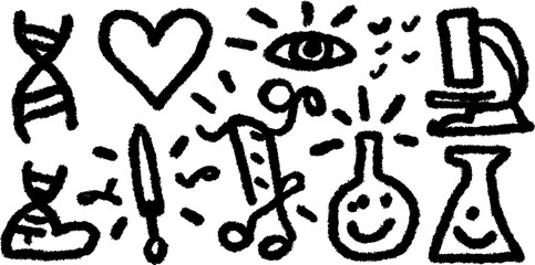 Hand drawn doodle set of genetics icons with dna strands and chromosomes for educational design