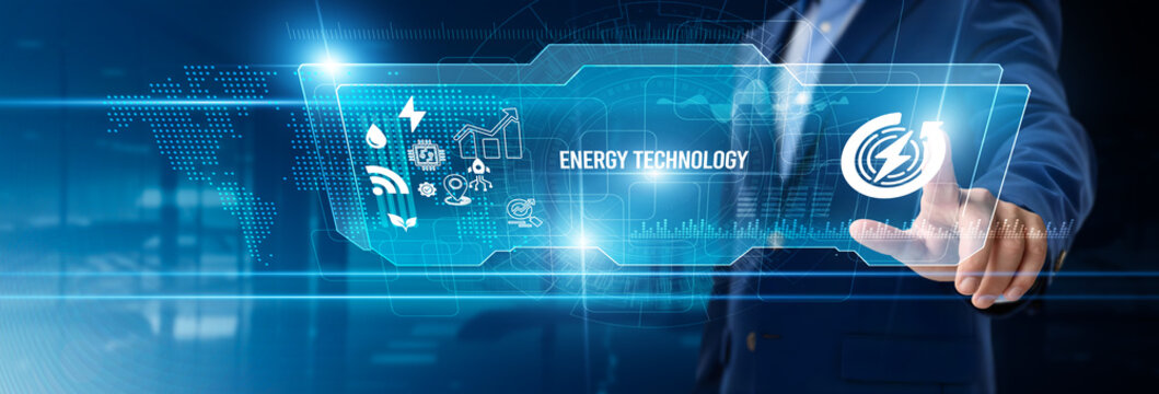 Businessman touching energy technology on digital screen, renewable power, smart grids, sustainable solutions, energy efficiency, IoT monitoring, solar and wind integration, digital energy management