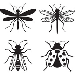 Set of insect icons featuring mosquito, dragonfly, wasp and ladybug isolated on white background for nature, wildlife and animal illustration