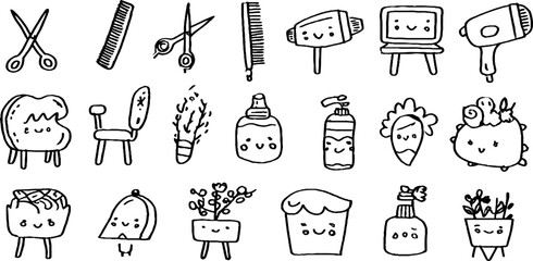 Obraz premium Cute doodle set of hair salon tools and accessories with playful characters