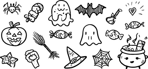 Fototapeta premium Halloween doodle set with pumpkins, bats, ghosts, and candy for festive designs