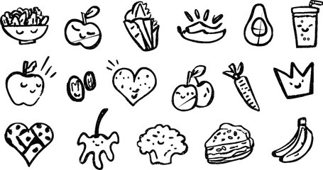 Hand drawn doodle set of healthy food: salad, apple, avocado, and more for design or poster