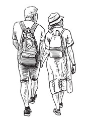 Couple elderly spouses tourists with backpacks in summer vacation walking outdoors, back view, realistic sketch on white background