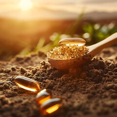 Golden omega-3 capsules and supplements in wooden spoon on fertile earth, promoting wellness and health