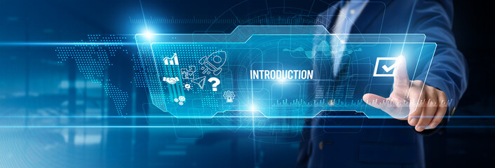 Businessman touching introduction on digital screen, onboarding processes, corporate orientation, knowledge transfer, team alignment, digital presentations, company overview, interactive tutorials