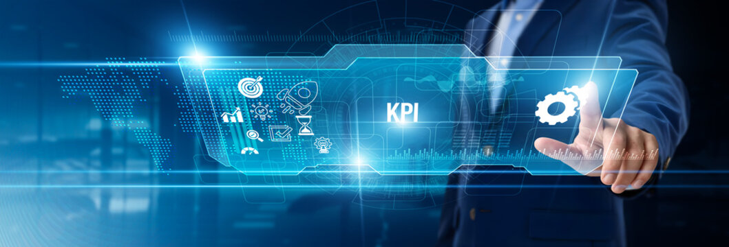 Businessman touching KPI on digital screen, performance metrics, productivity tracking, goal monitoring, data-driven insights, team evaluation, business analytics, strategic planning