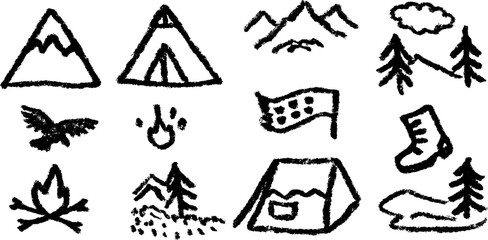 Fototapeta premium Hand drawn doodle set of mountain adventure icons including peaks, glacier, and camping elements